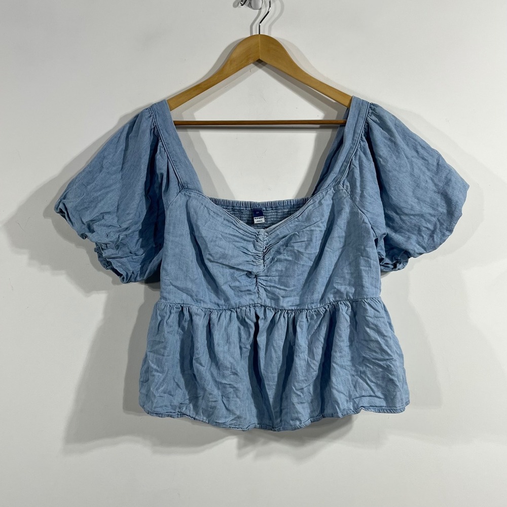 Old Navy Babydoll Cottagecore Chambray Peplum Top Smocked Womens 2x Preppy Boho